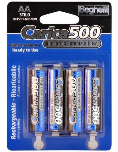 Batterie Ricaricabili Stilo AA 1,2 V 1500 mAh 4 Pz Beghelli Carica 500